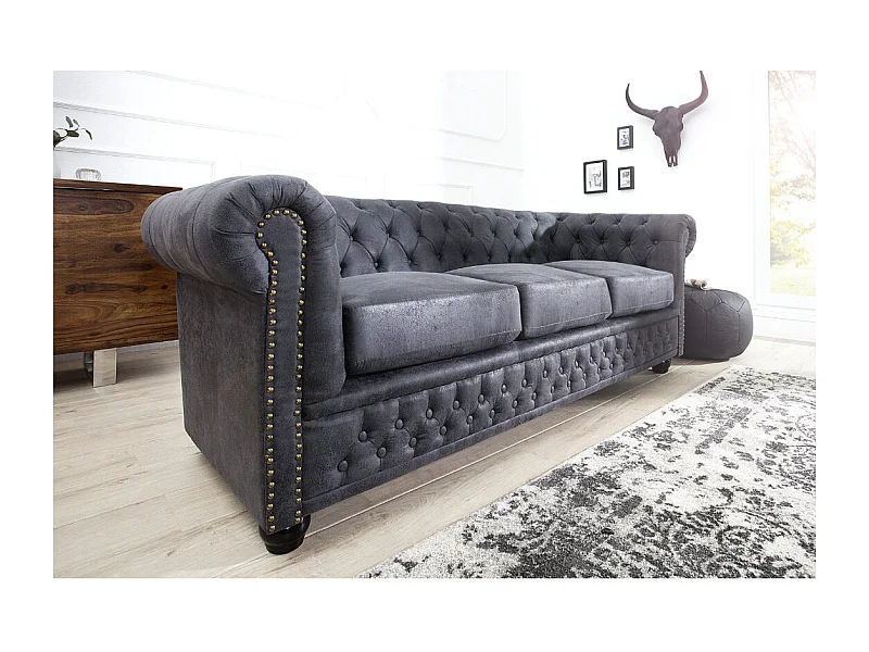 Canapé droit EDGAR – Gris bleuté – 3 places – Style baroque