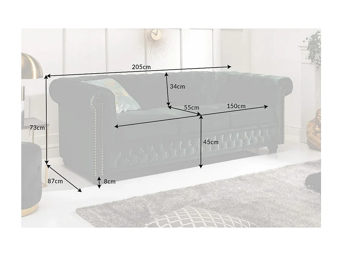 Canapé droit EDGAR – Vert émeraude – 3 places – Velours style baroque