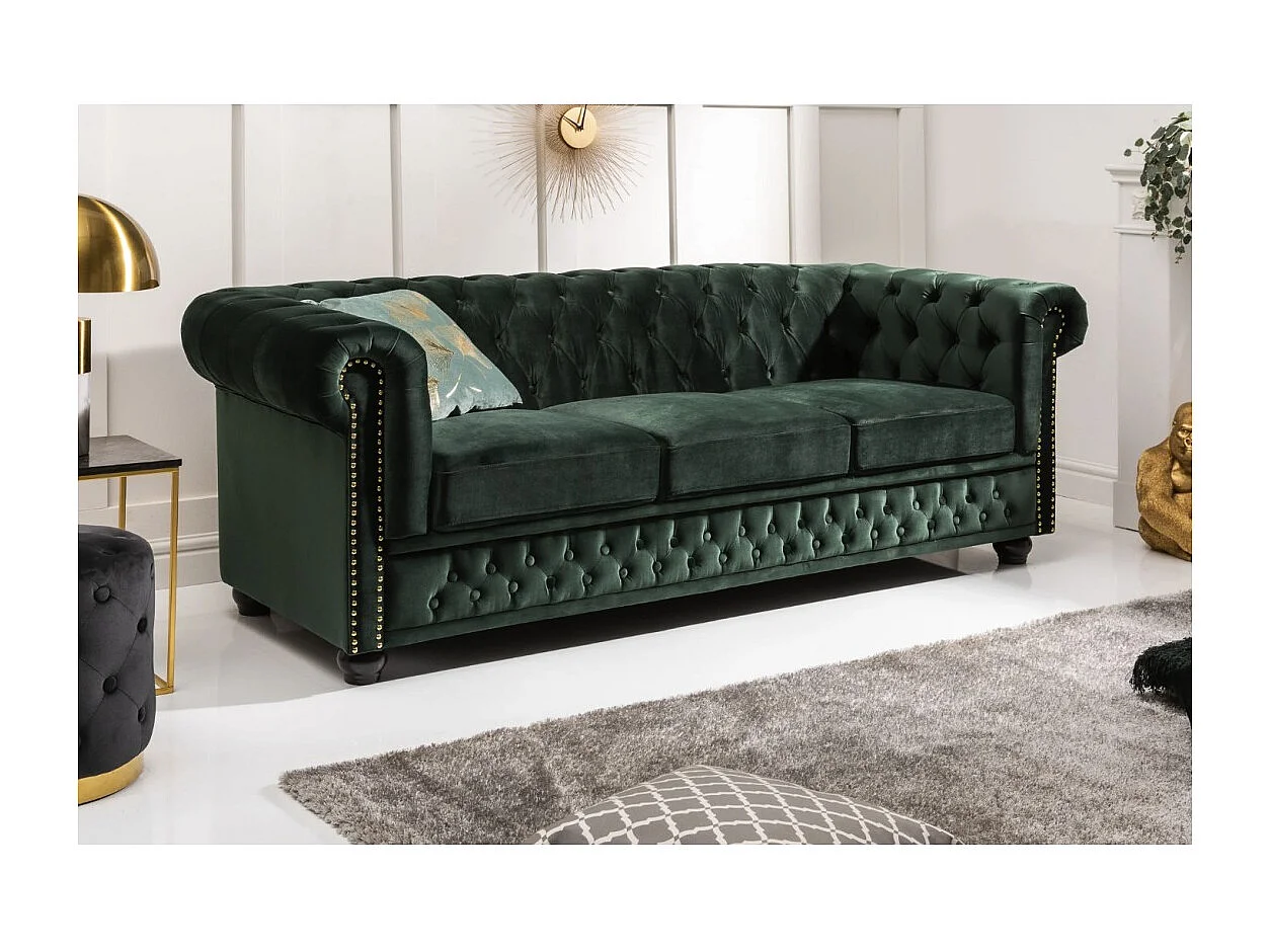 Canapé droit EDGAR – Vert émeraude – 3 places – Velours style baroque
