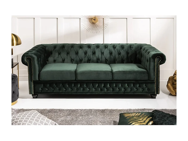 Canapé droit EDGAR – Vert émeraude – 3 places – Velours style baroque