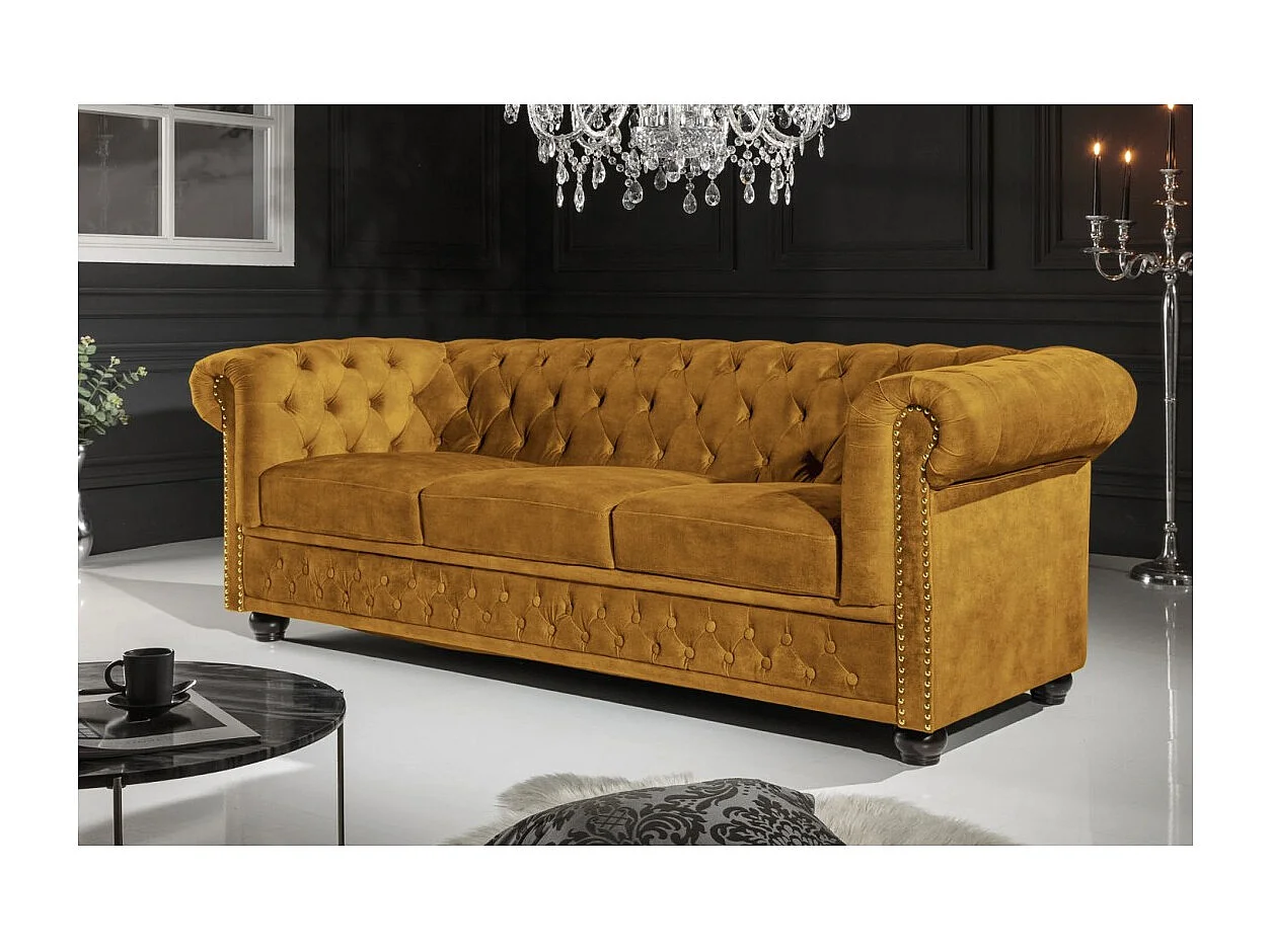 Canapé droit EDGAR – Jaune moutarde – 3 places – Velours style baroque