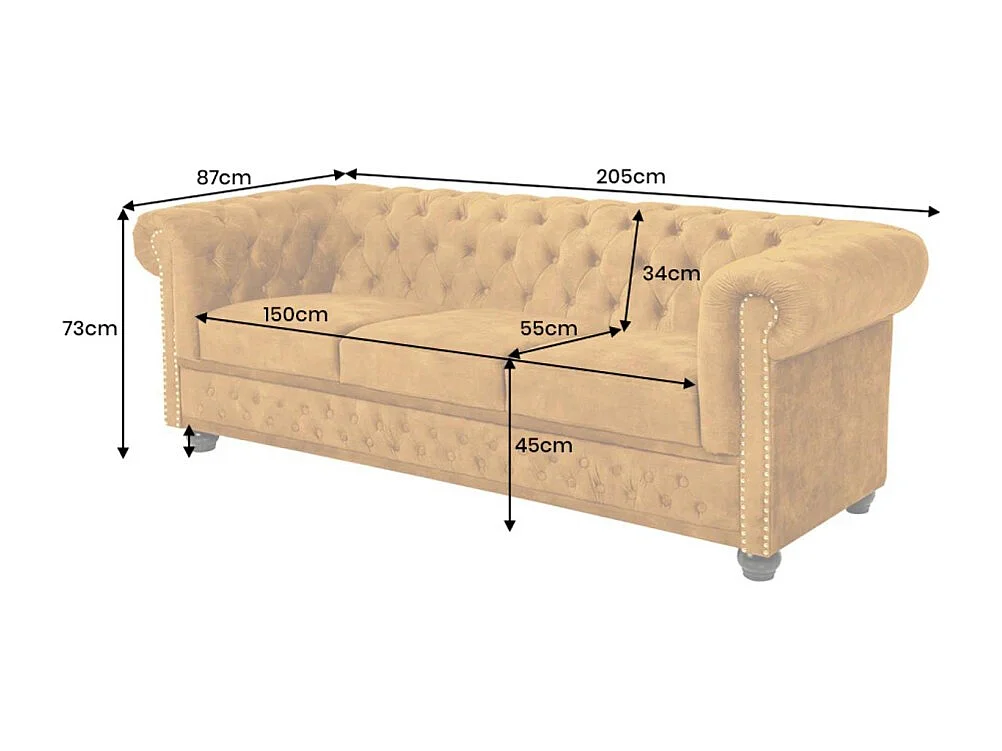 Canapé droit EDGAR – Jaune moutarde – 3 places – Velours style baroque