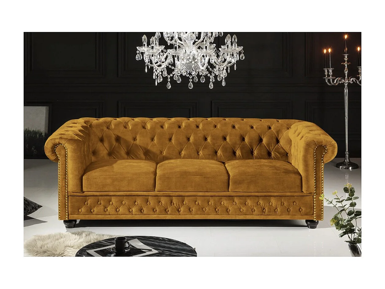 Canapé droit EDGAR – Jaune moutarde – 3 places – Velours style baroque