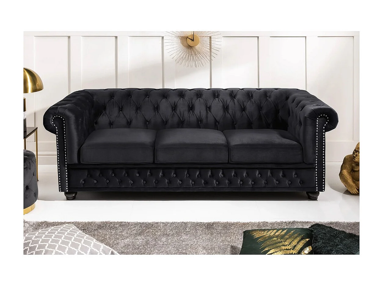 Canapé droit EDGAR – Noir – 3 places – Velours style baroque