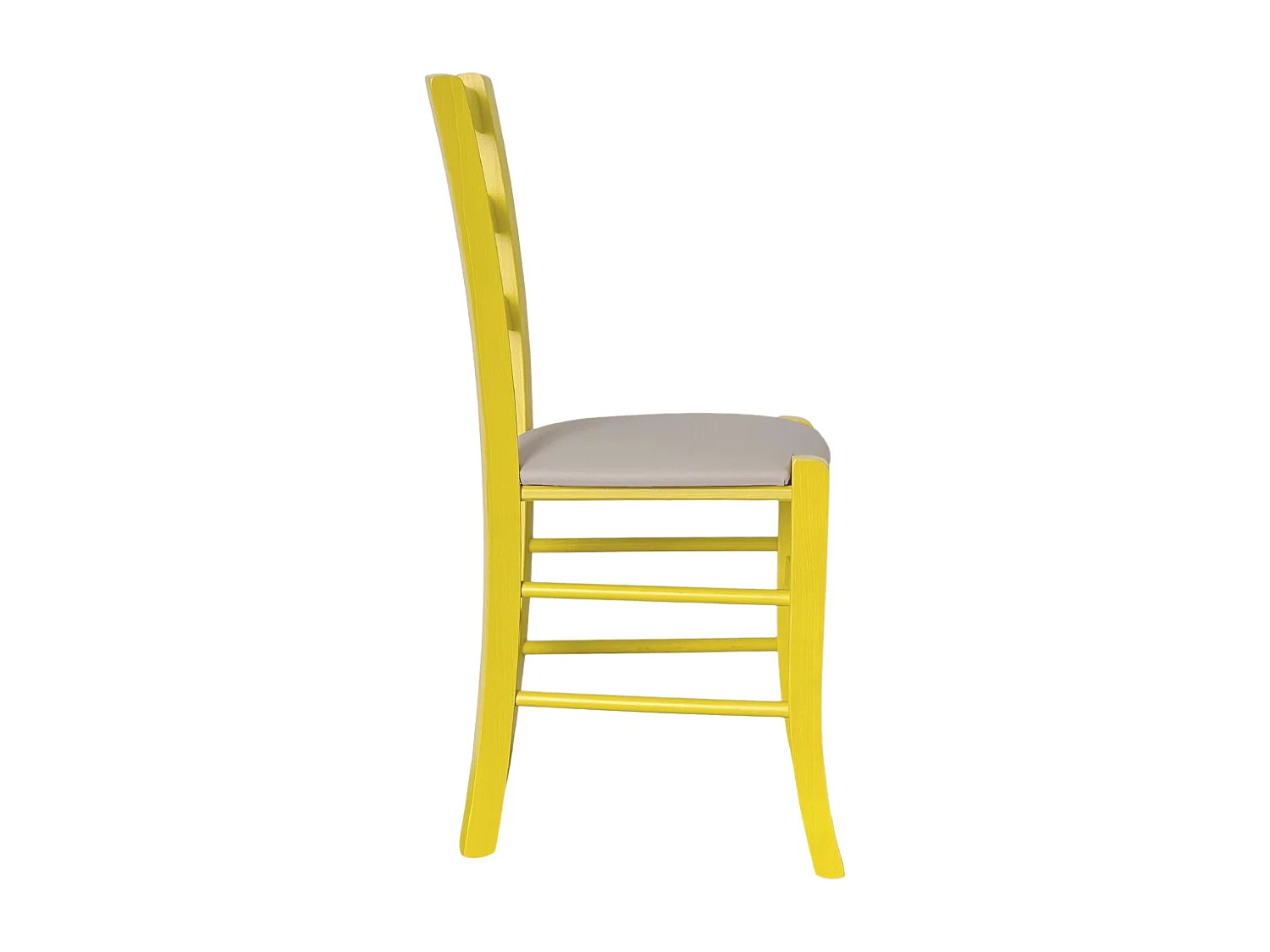 Chaise vénitienne en bois jaune avec assise en similicuir gris tourterelle