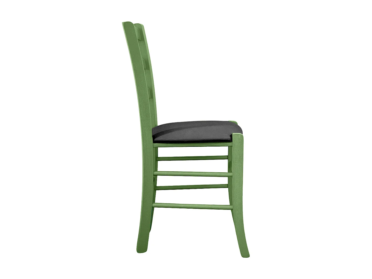 Groene houten stoel van Venezia met antracietgrijze kunstleren zitting.