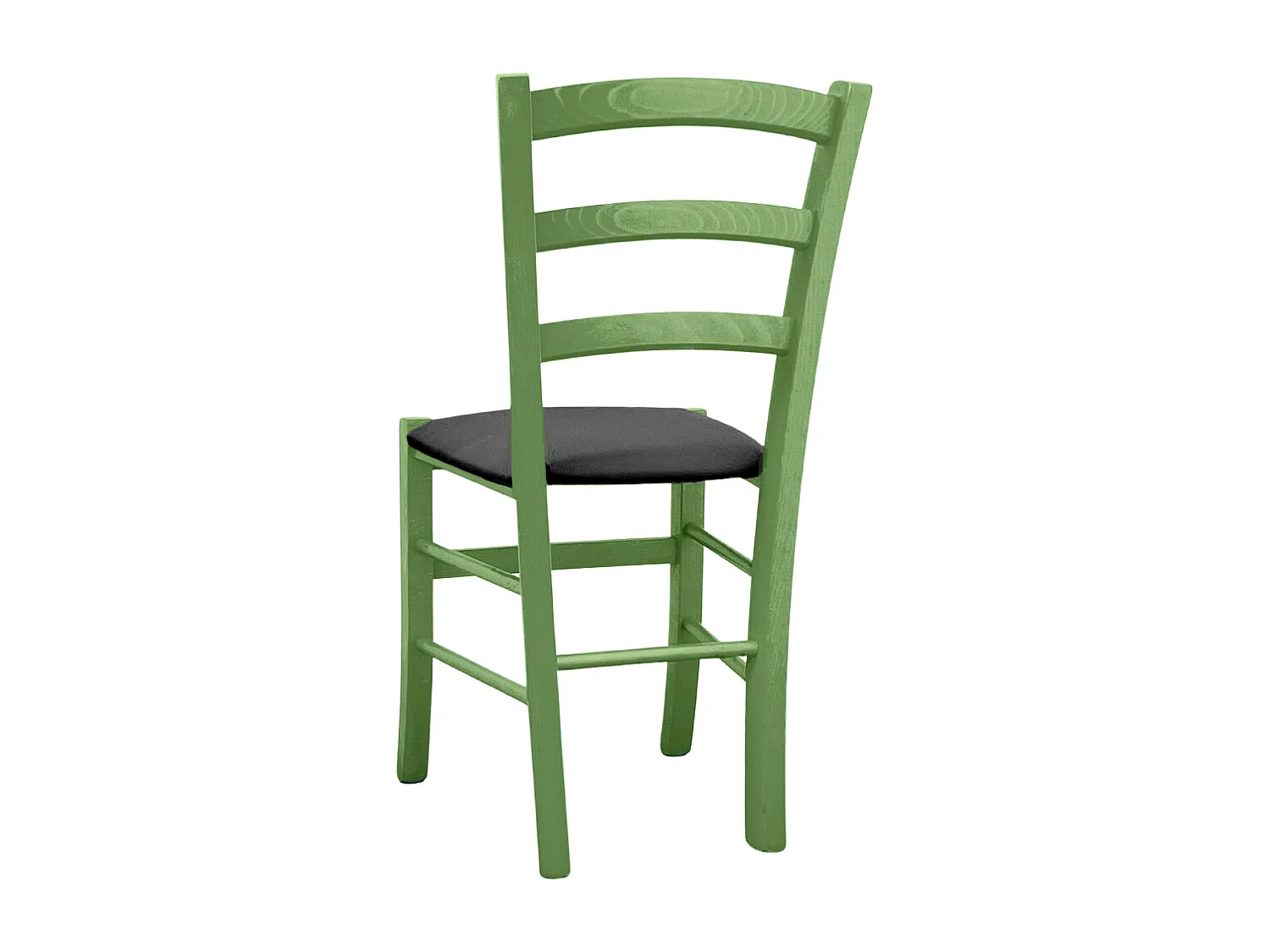 Groene houten stoel van Venezia met antracietgrijze kunstleren zitting.