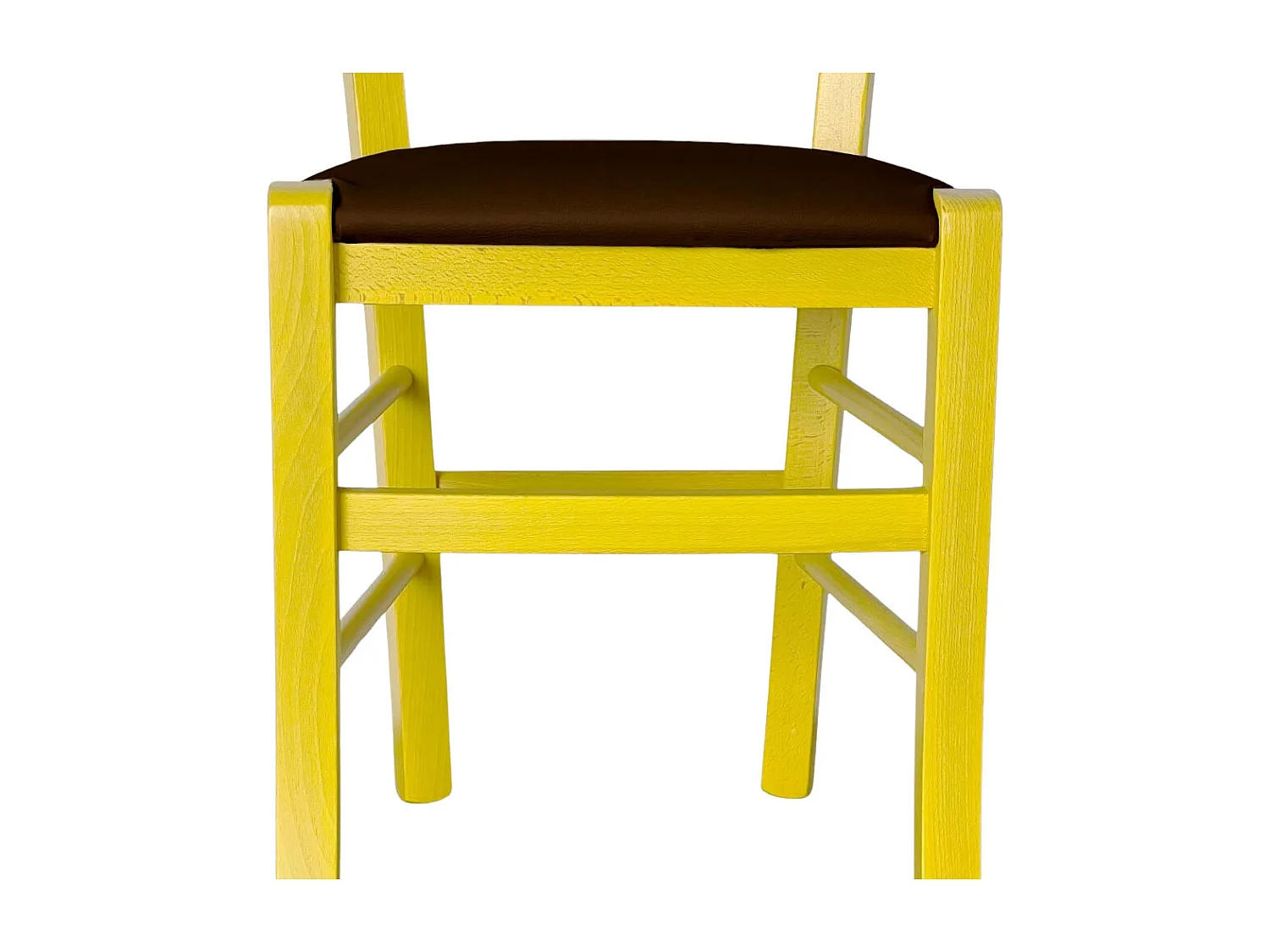 Chaise vénitienne jaune en bois avec assise en similicuir marron