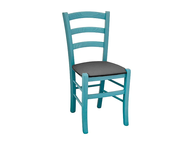 Chaise Venezia en bois turquoise avec assise en similicuir gris clair