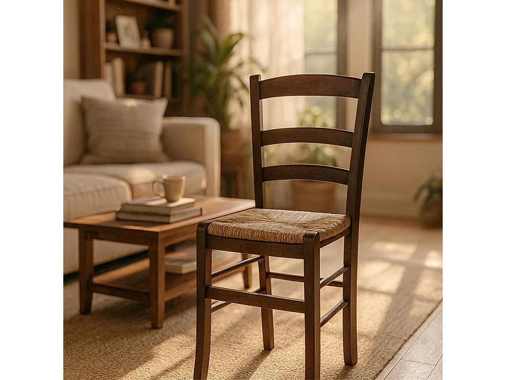 Chaise de salle à manger Paesana en noyer foncé avec assise en paille, idéale pour la cuisine et la maison.