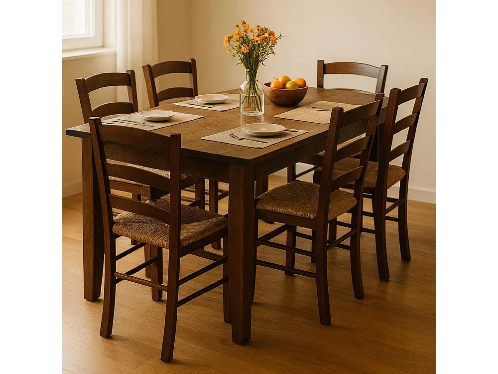 Chaise de salle à manger Paesana en noyer foncé avec assise en paille, idéale pour la cuisine et la maison.