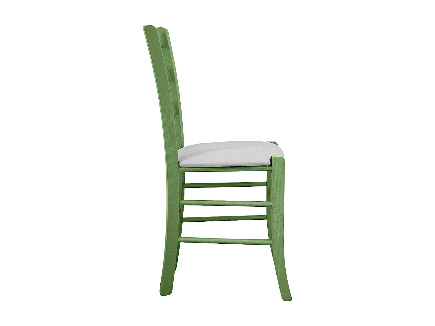 Groene houten stoel van Venezia met lichtgrijze kunstleren zitting.