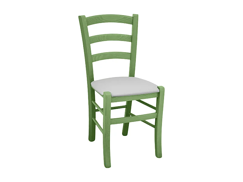 Groene houten stoel van Venezia met lichtgrijze kunstleren zitting.