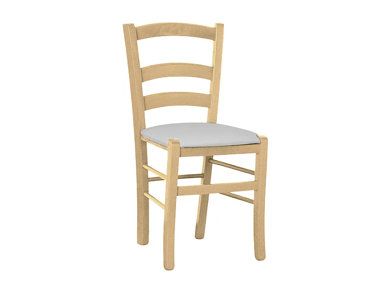 Chaise en bois vénitien naturel avec assise en similicuir gris clair