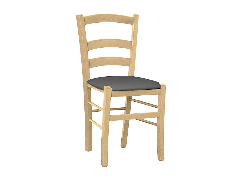 Chaise en bois vénitien naturel avec assise en similicuir gris anthracite