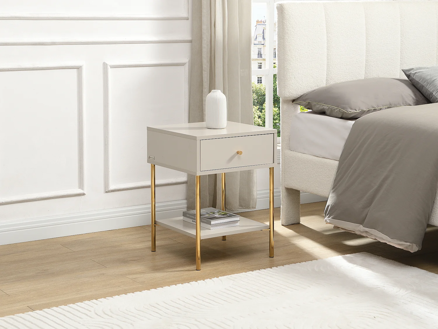 Lot de 2 tables de chevet 1 tiroir - MDF et métal - Beige et doré - MILAVIA