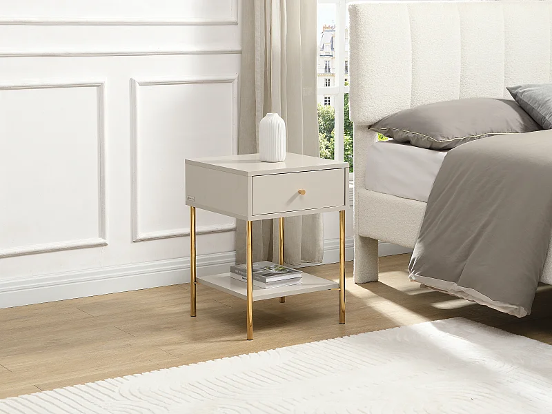 Lot de 2 tables de chevet 1 tiroir - MDF et métal - Beige et doré - MILAVIA