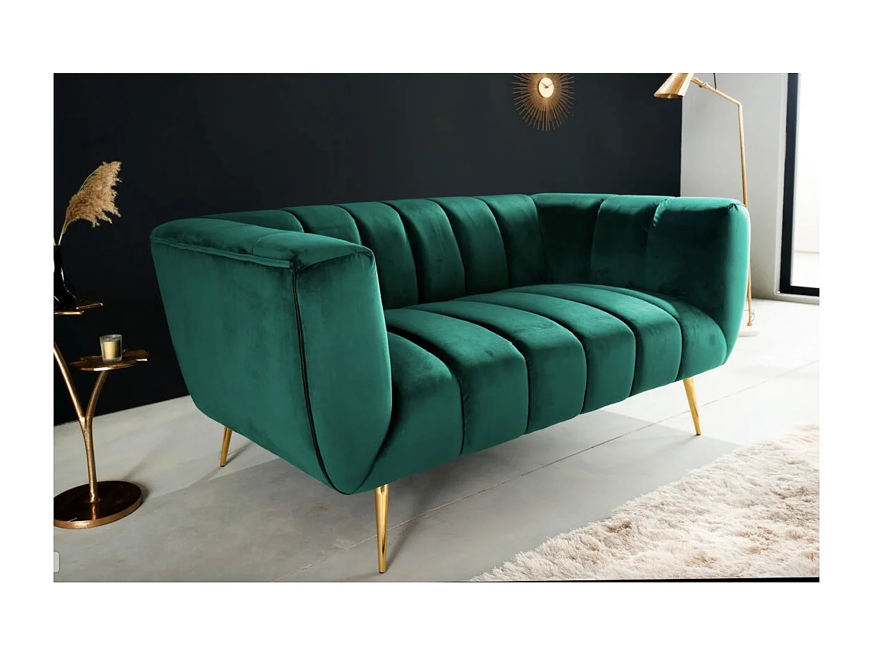 Canapé droit NORA 2 places vert émeraude – Canapé chic en velours avec pieds en métal