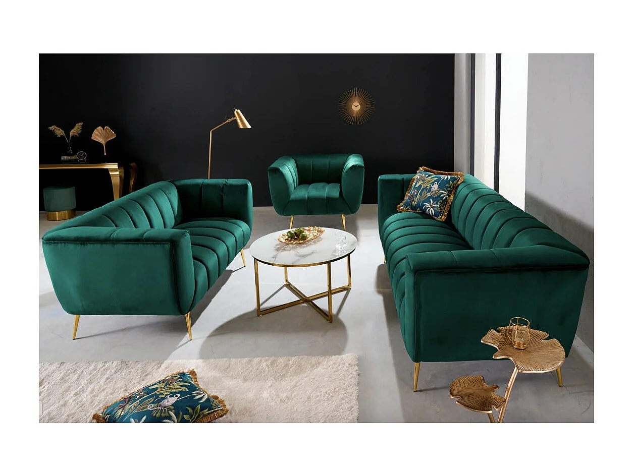 Canapé droit NORA 2 places vert émeraude – Canapé chic en velours avec pieds en métal