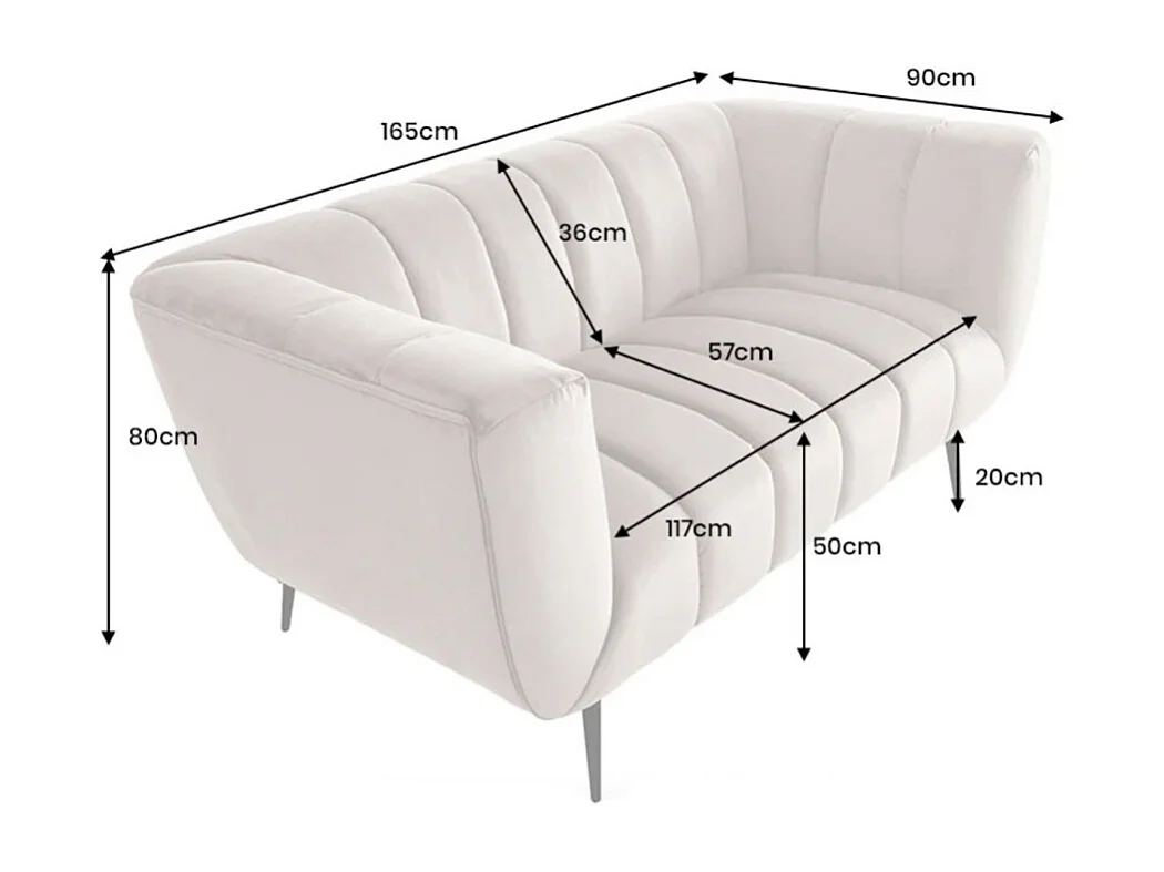 Canapé droit NORA 2 places blanc champagne – Canapé chic en velours avec pieds en métal noir