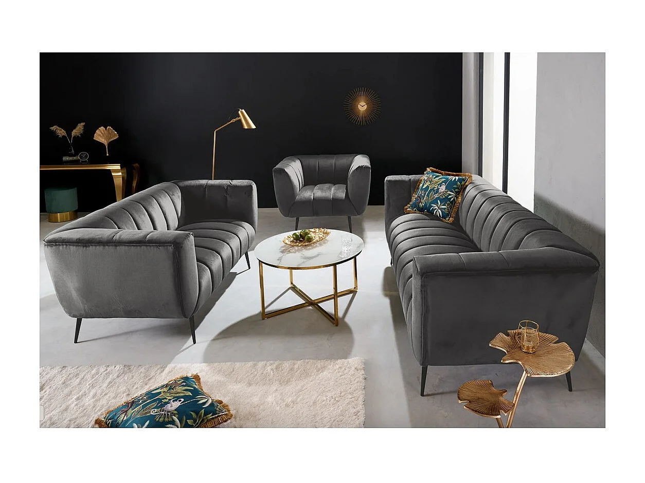 Canapé droit NORA 2 places gris foncé – Canapé chic en velours avec pieds en métal noir