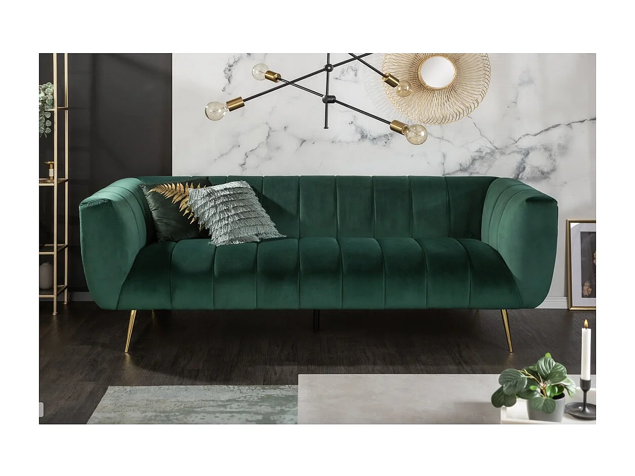Canapé droit NORA vert émeraude – Canapé chic en velours avec pieds en métal