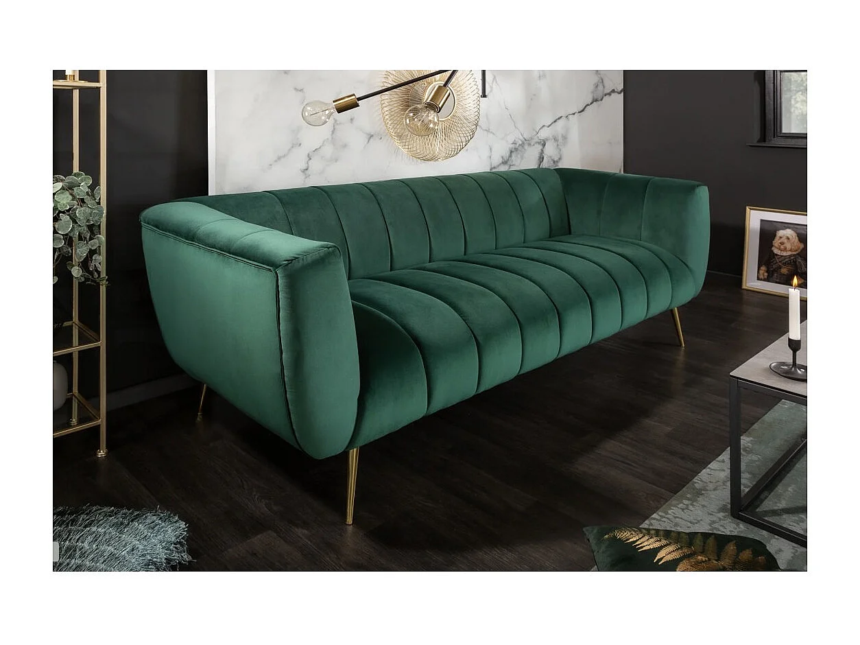Canapé droit NORA vert émeraude – Canapé chic en velours avec pieds en métal