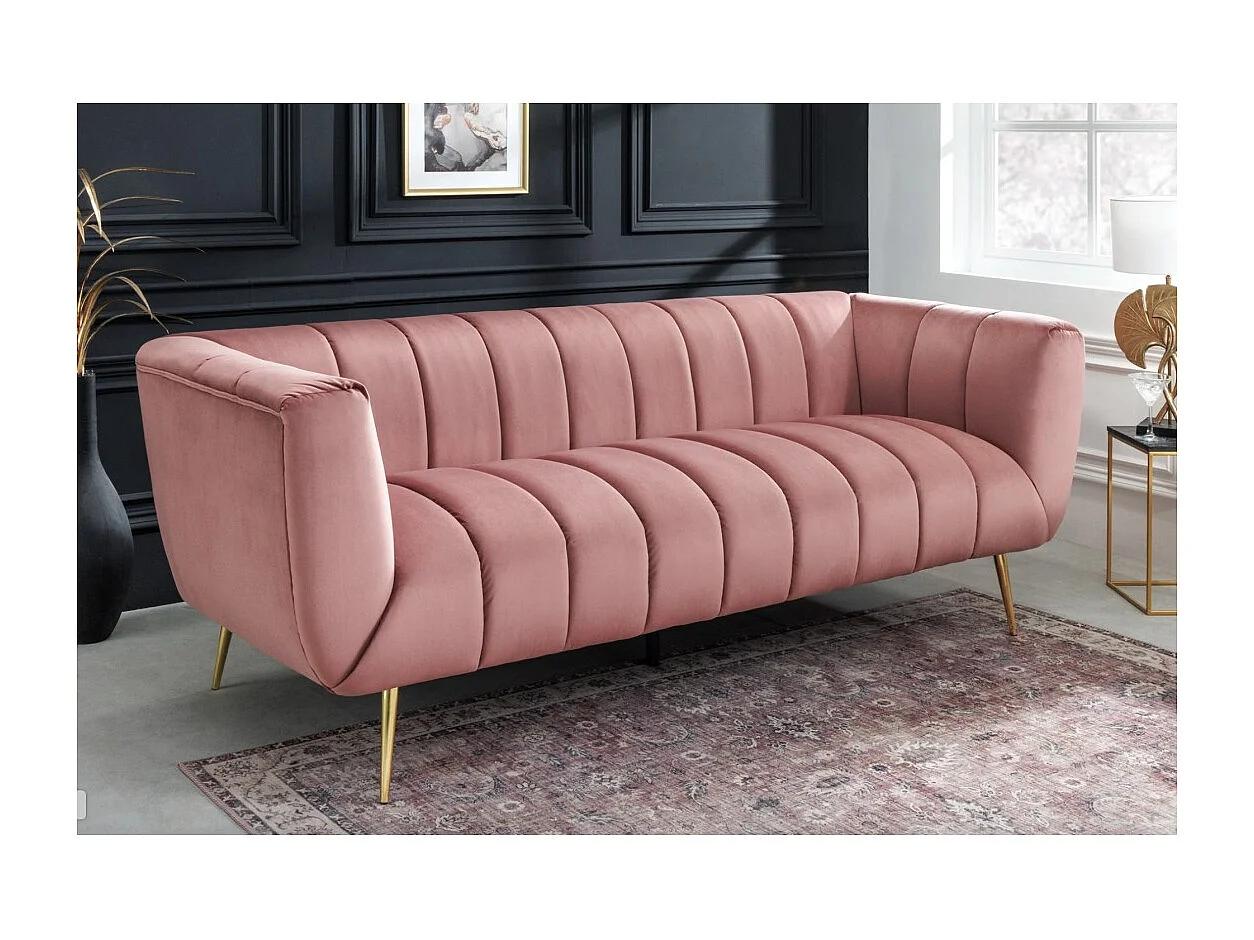 Canapé droit NORA rose poudré – Canapé chic en velours avec pieds en métal