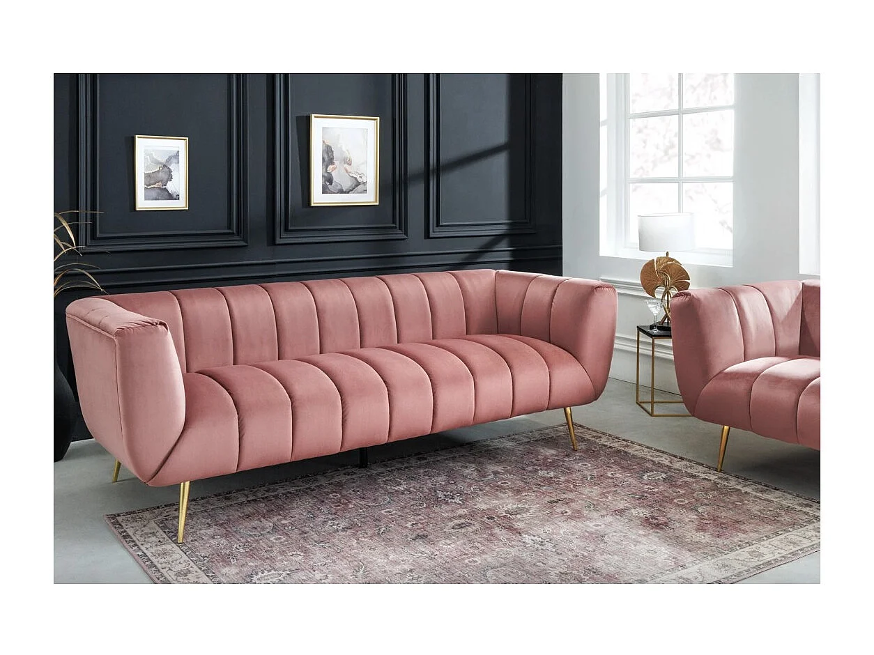 Canapé droit NORA rose poudré – Canapé chic en velours avec pieds en métal