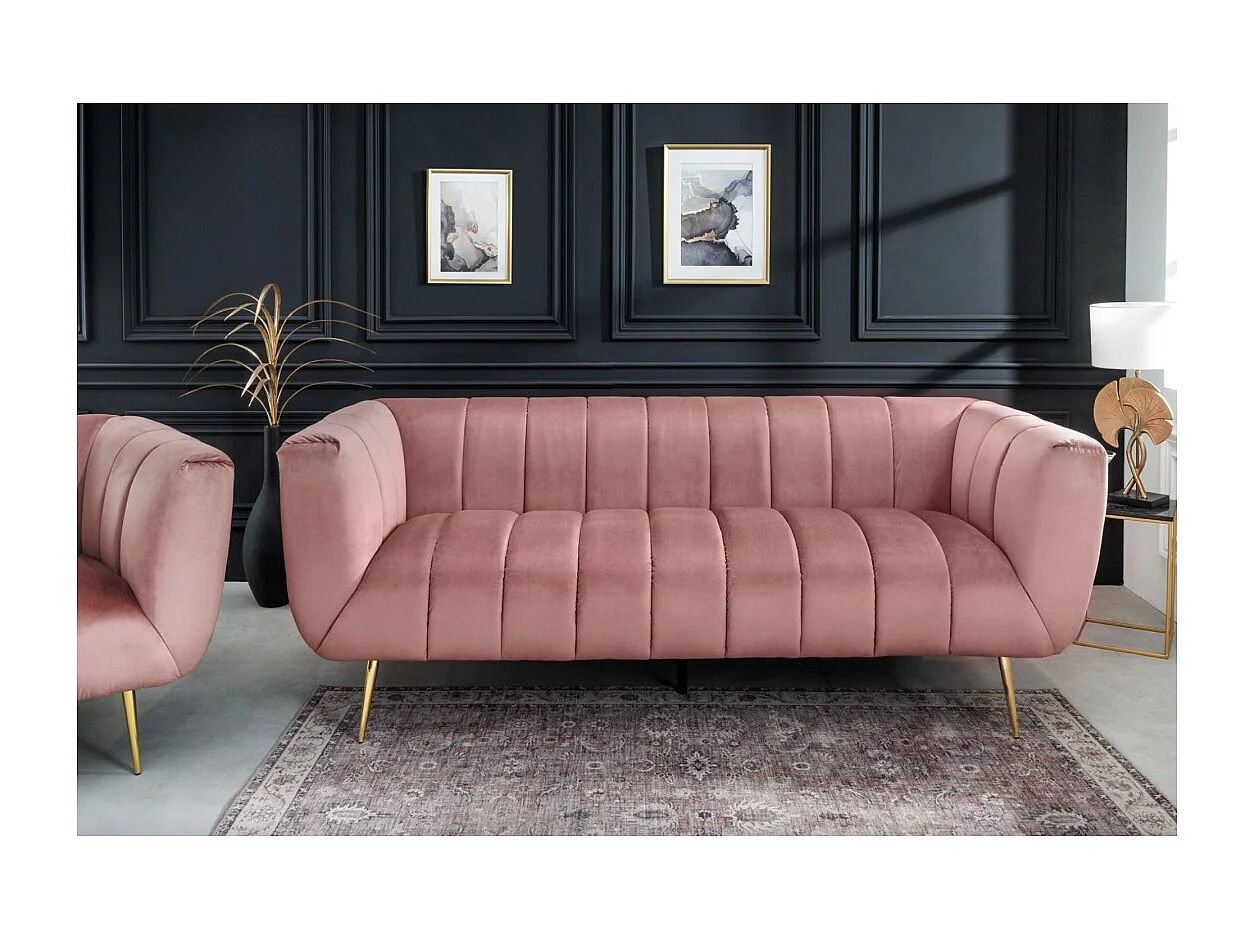 Canapé droit NORA rose poudré – Canapé chic en velours avec pieds en métal