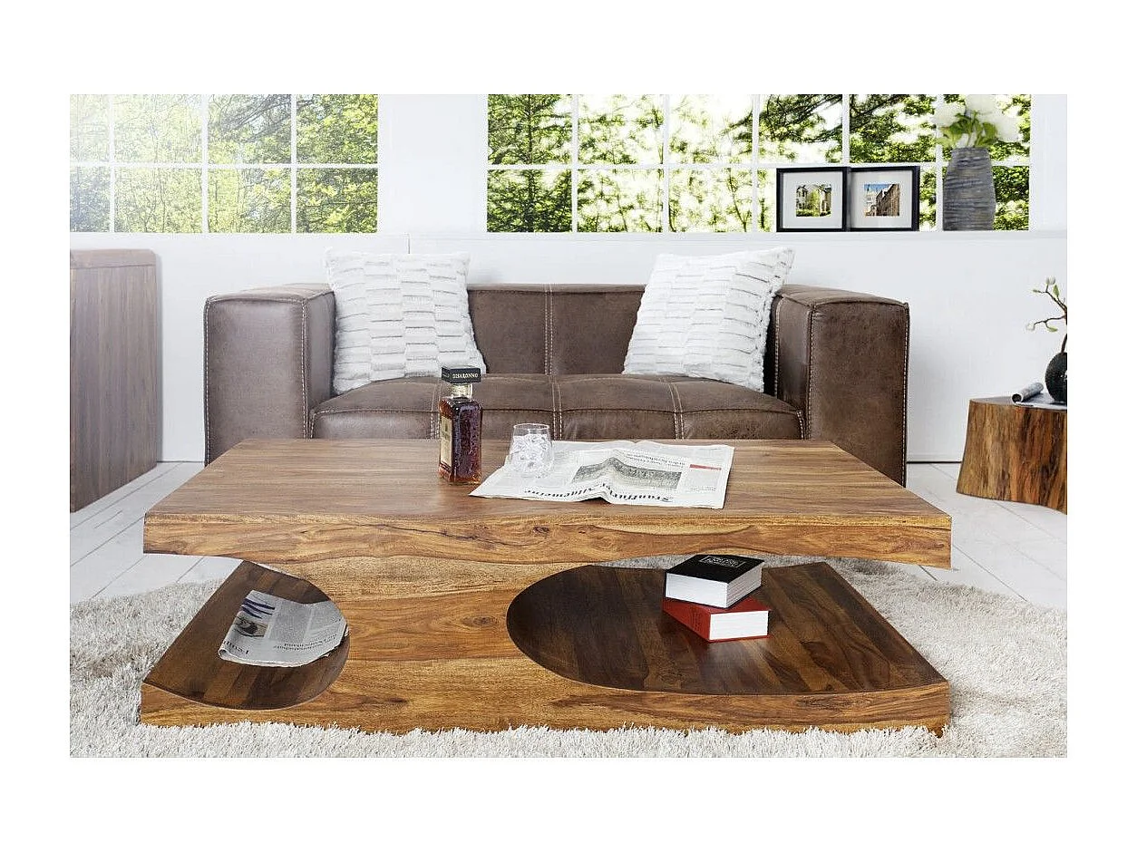 Table basse NOMA 118 cm en bois de sheesham – Table basse design en bois massif avec niches