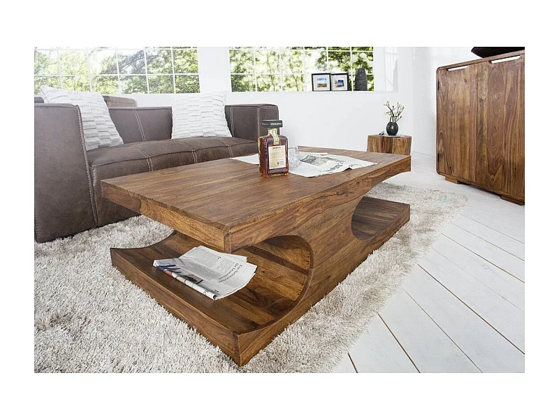 Table basse NOMA 118 cm en bois de sheesham – Table basse design en bois massif avec niches