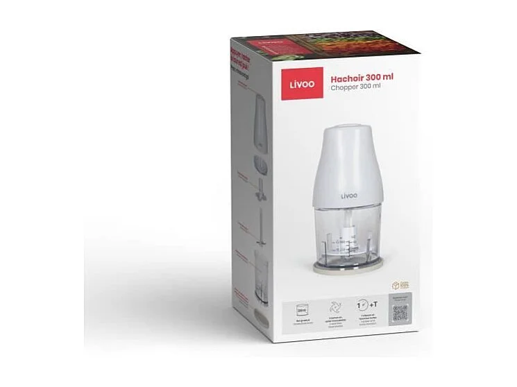 Hachoir - LIVOO - 300 ml - 400 W - 1 vitesse et fonction turbo - 2 lames en inox - Blanc