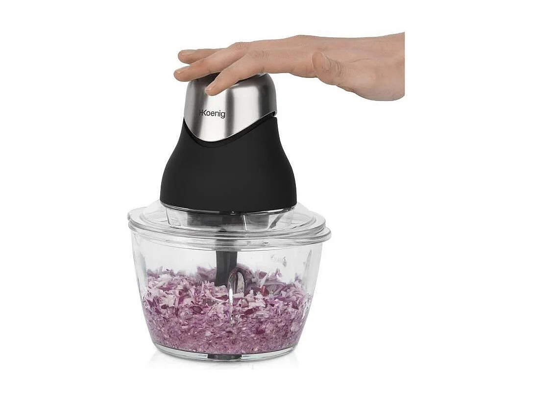 Mini-Elektrozerkleinerer H.Koenig LEO8 320W - Glasbehälter 1L, Edelstahlklingen, matt schwarzes und chromfarbenes Design