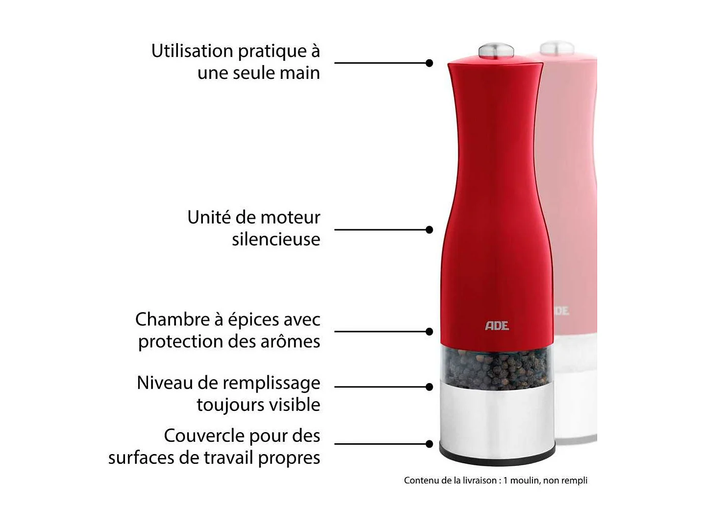 Moulin Poivre/Sel électrique - ADE -KITCHEN GADGETS - Acier inoxydable/plastique - H 22,5 cm - Inclus 6 pilles AAA - Rouge