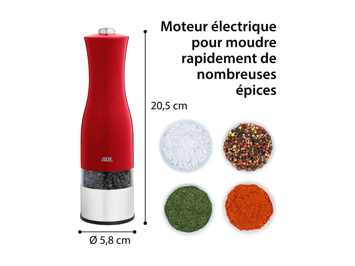 Moulin Poivre/Sel électrique - ADE -KITCHEN GADGETS - Acier inoxydable/plastique - H 22,5 cm - Inclus 6 pilles AAA - Rouge
