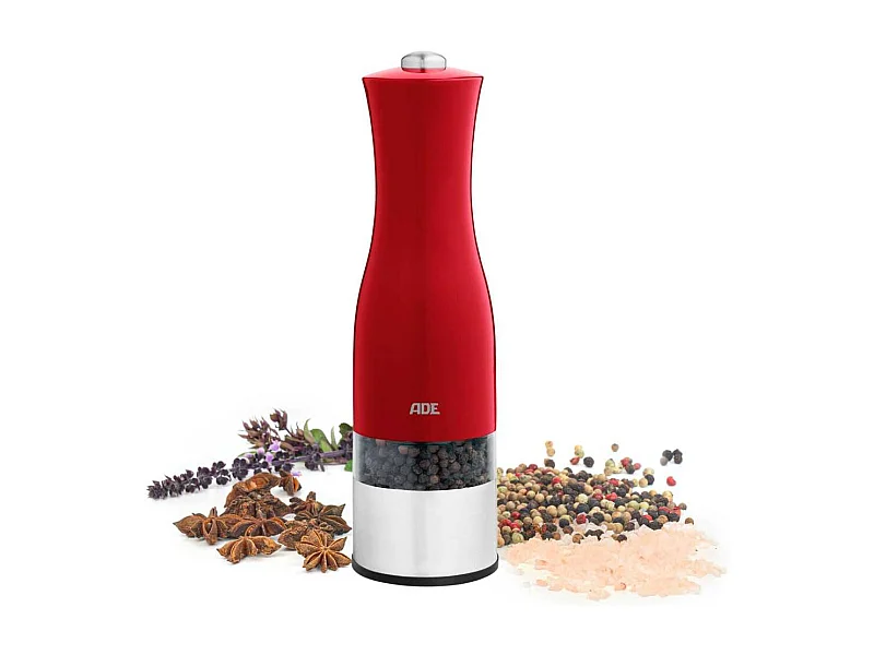 Moulin Poivre/Sel électrique - ADE -KITCHEN GADGETS - Acier inoxydable/plastique - H 22,5 cm - Inclus 6 pilles AAA - Rouge