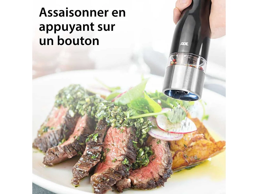 Moulin Poivre/Sel électrique - ADE -KITCHEN GADGETS - Acier inoxydable/plastique - H 22,5 cm - Inclus 6 pilles AAA - Noir