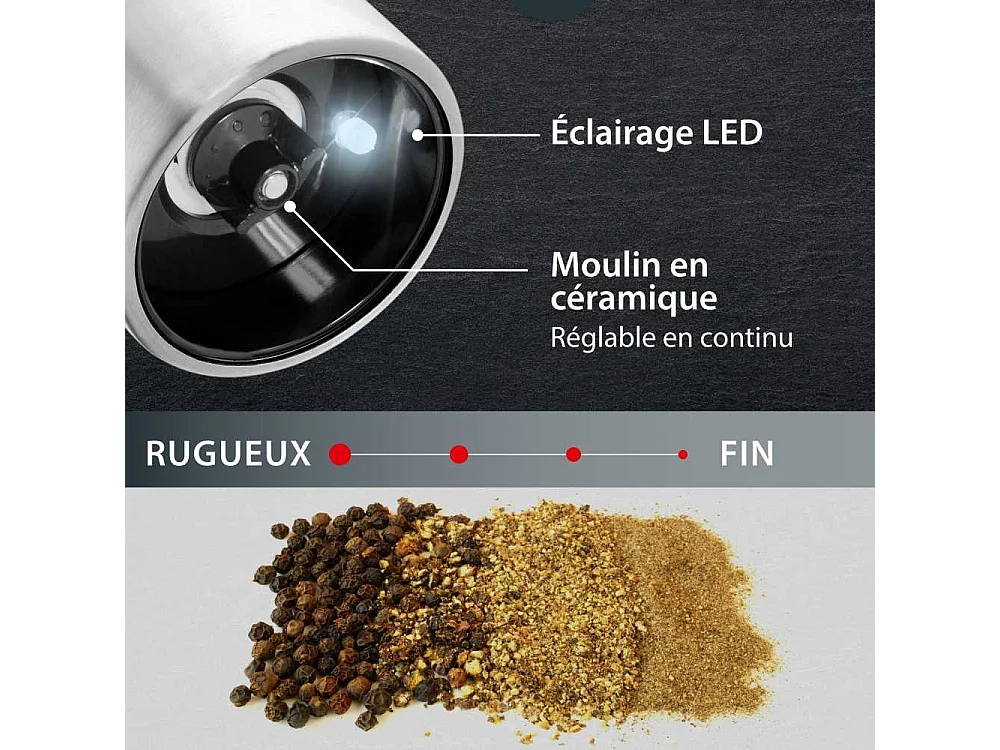 Moulin Poivre/Sel électrique - ADE -KITCHEN GADGETS - Acier inoxydable/plastique - H 22,5 cm - Inclus 6 pilles AAA - Noir