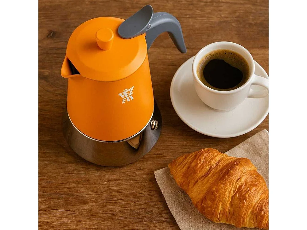 Italiaanse Koffiezetter Pezzetti Steelexpress 4 Kopjes Roestvrij Staal Oranje Voor Alle Warmtebronnen Inductie