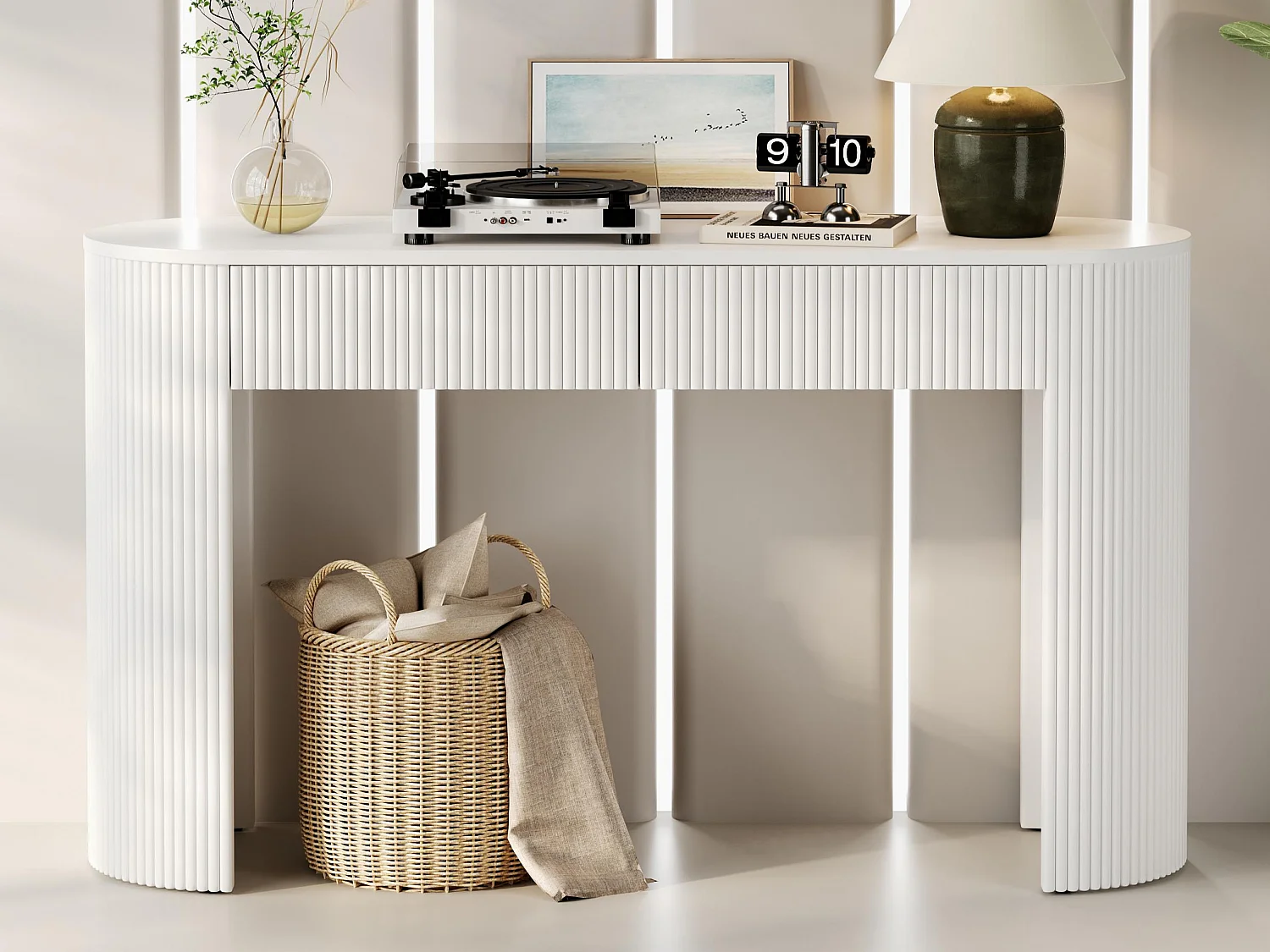 Table console 120x33x76cm - avec 2 tiroirs - Coins arrondis - MDF - Blanc