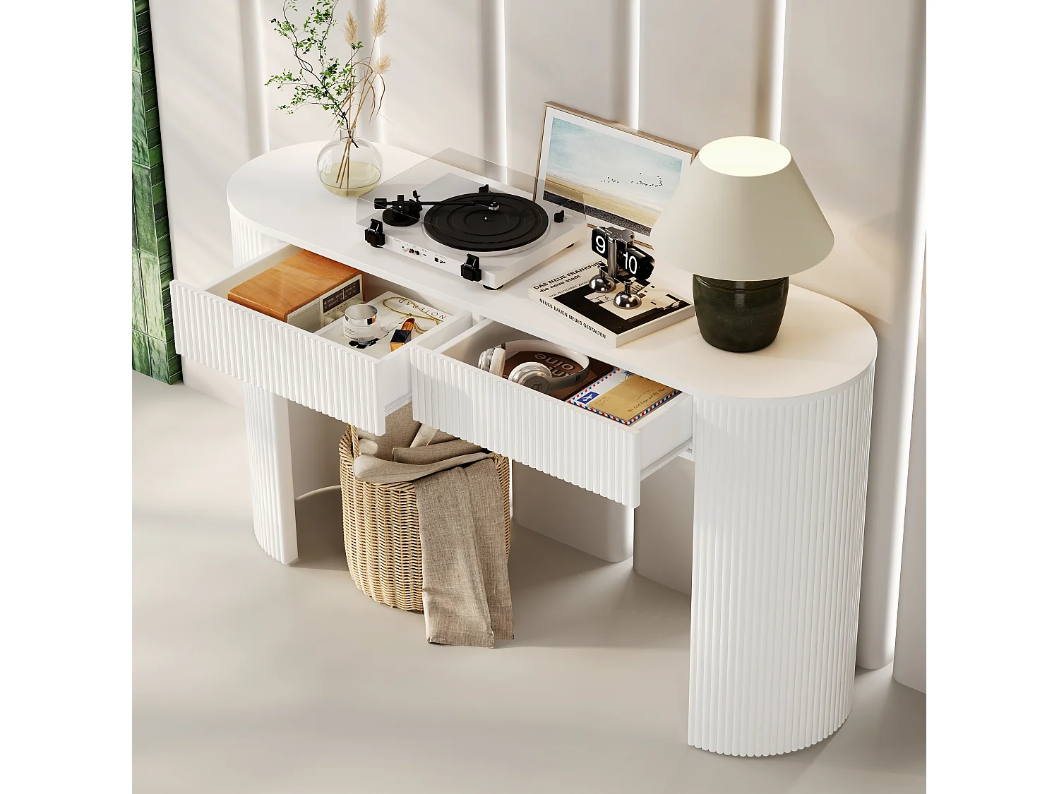 Table console 120x33x76cm - avec 2 tiroirs - Coins arrondis - MDF - Blanc