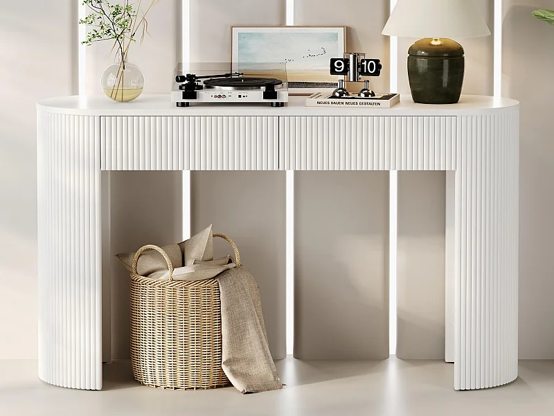 Table console 120x33x76cm - avec 2 tiroirs - Coins arrondis - MDF - Blanc