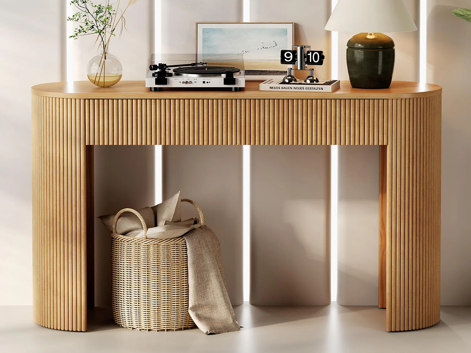 Table console 120x33x76cm - avec 2 tiroirs - Coins arrondis - MDF - Naturel