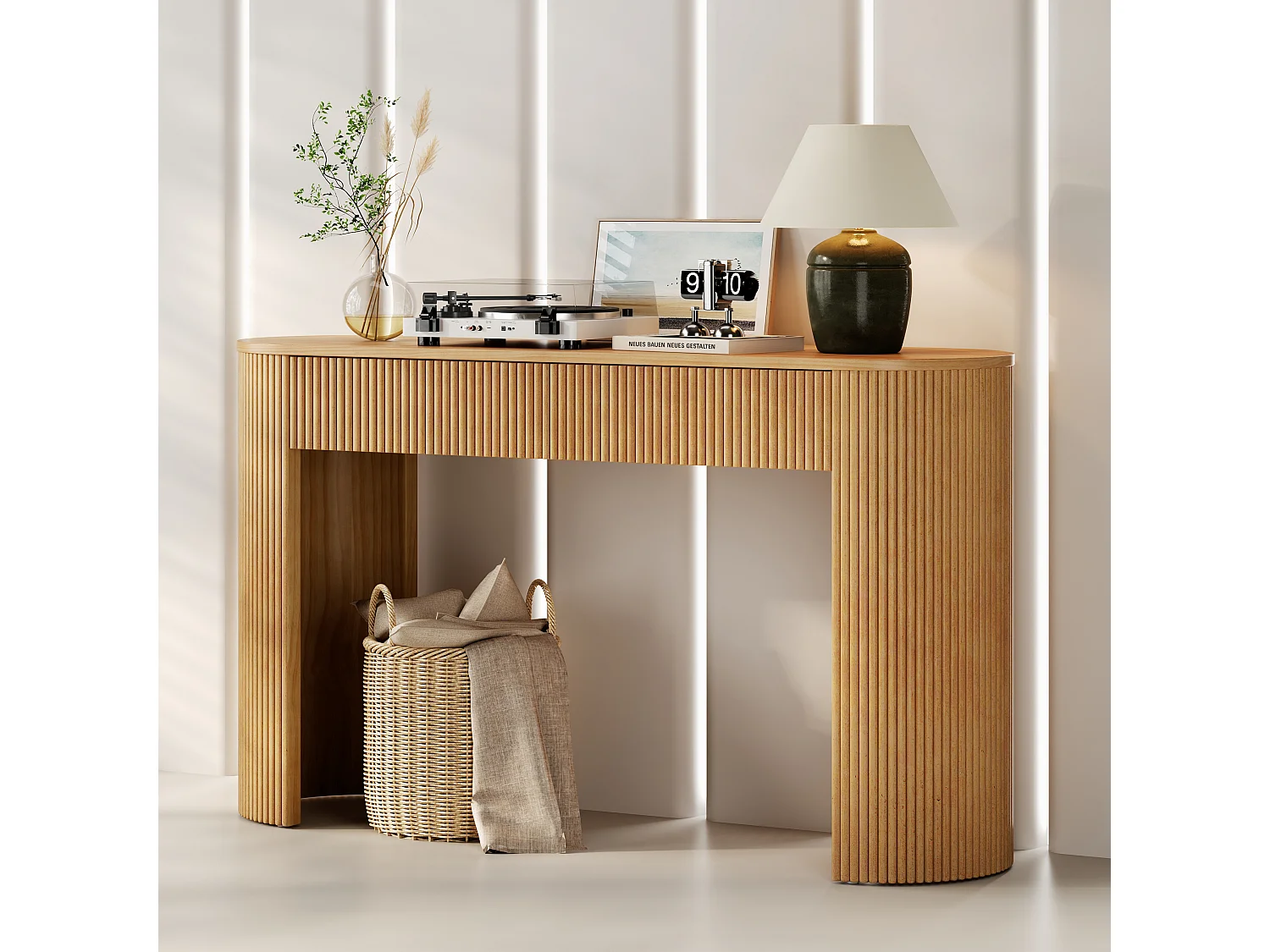 Table console 120x33x76cm - avec 2 tiroirs - Coins arrondis - MDF - Naturel