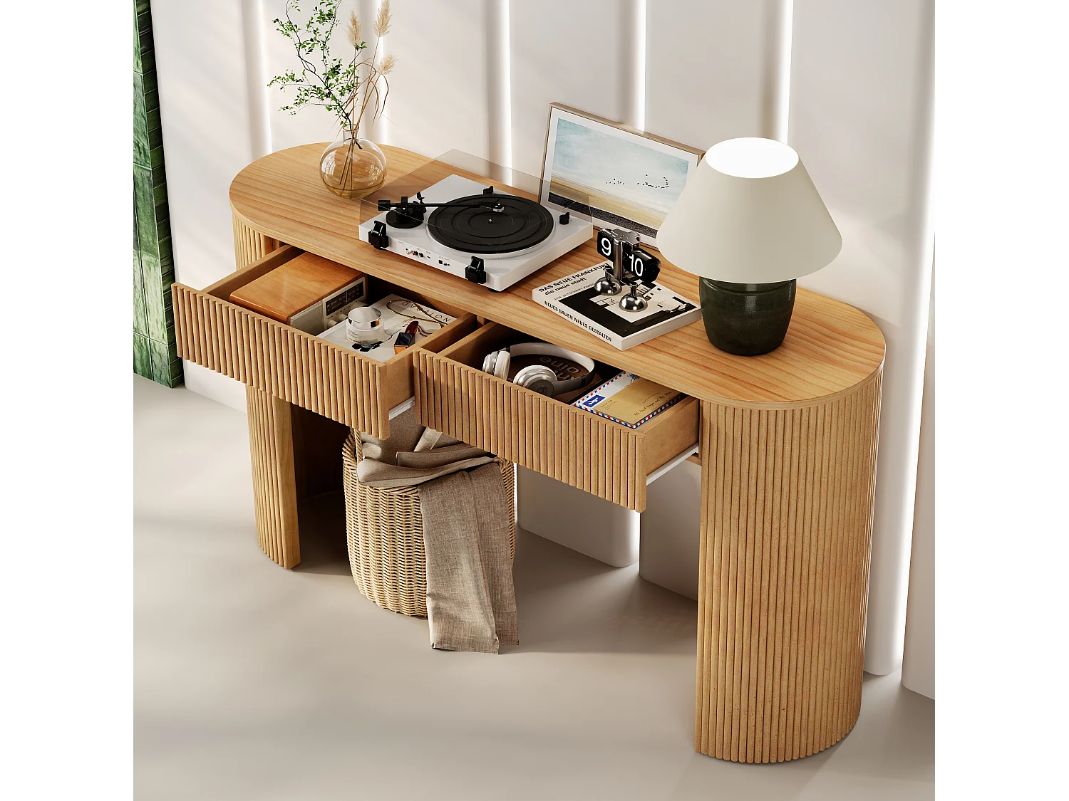 Table console 120x33x76cm - avec 2 tiroirs - Coins arrondis - MDF - Naturel