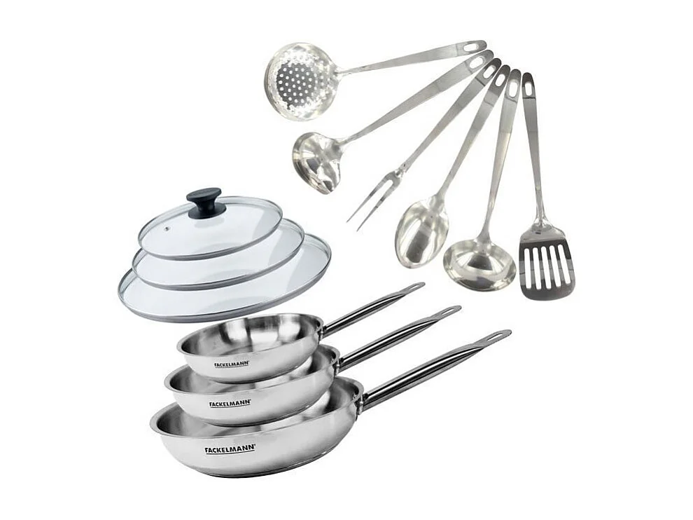 Set di pentole Fackelmann Eterna 3 padelle in acciaio inox 18/8 con coperchi in vetro e 6 utensili in acciaio inox, compatibili con tutti i fuochi inclusa induzione