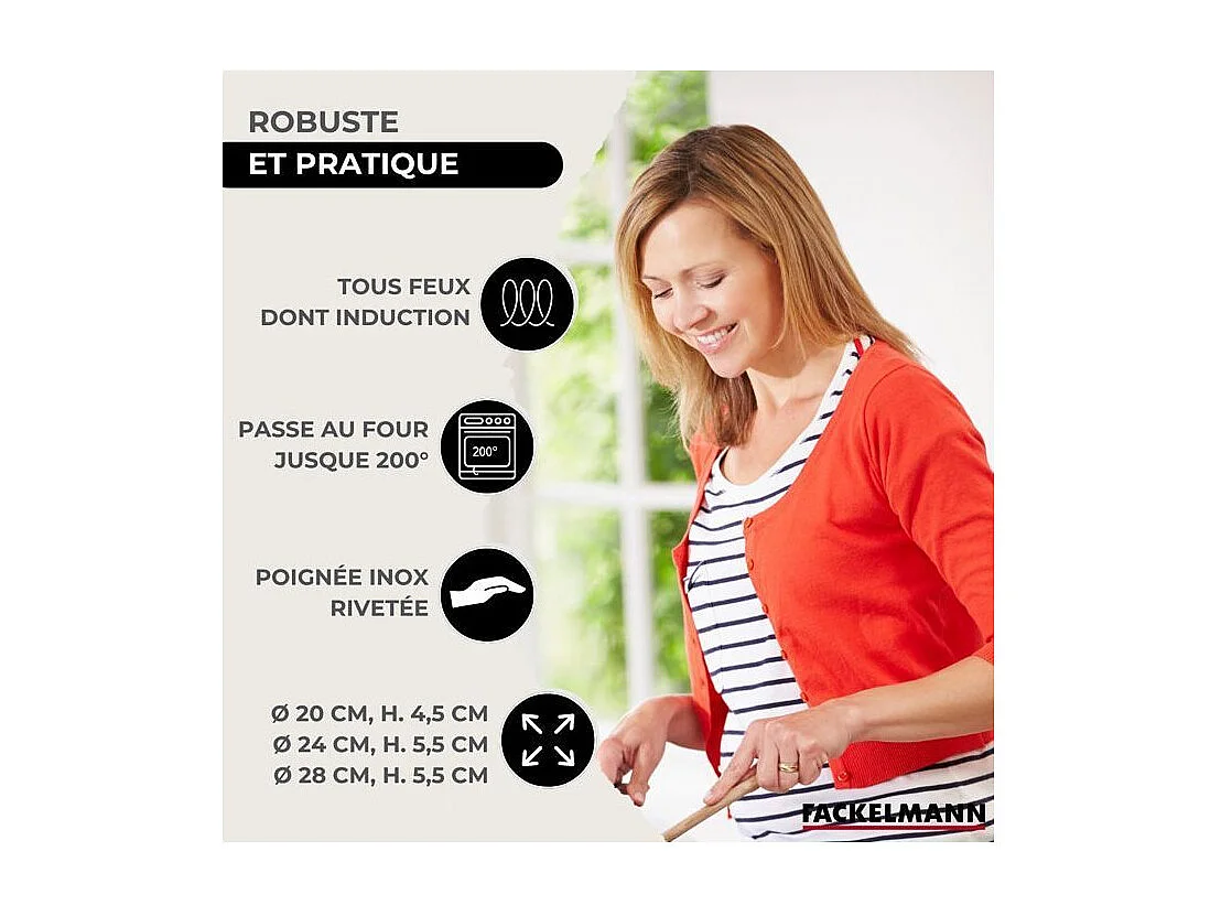 Set di pentole Fackelmann Eterna 3 padelle in acciaio inox 18/8 con coperchi in vetro e 6 utensili in acciaio inox, compatibili con tutti i fuochi inclusa induzione