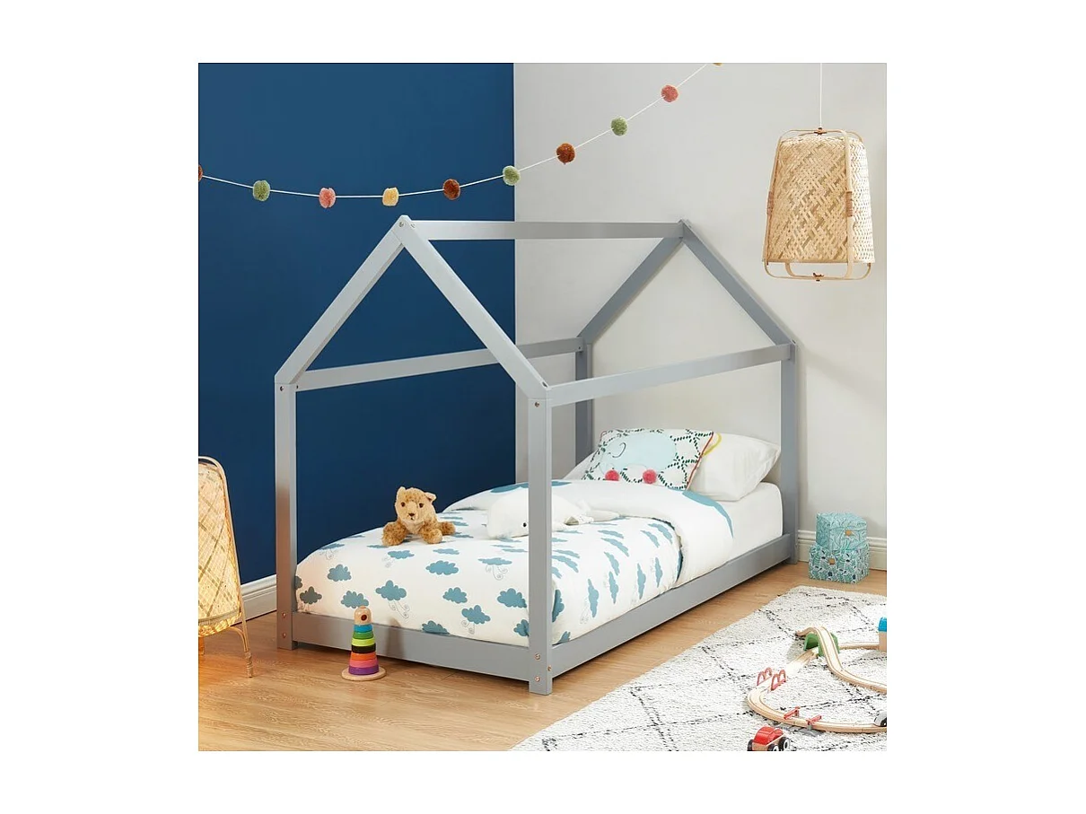 Lit enfant cabane TINY pin massif gris 90x190 sommier inclus
