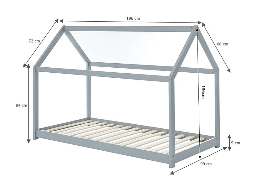 Lit enfant cabane TINY pin massif gris 90x190 sommier inclus